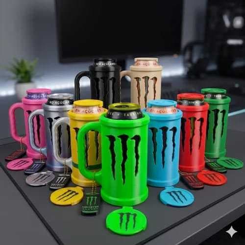 Porta Lata Monster 473 ml + abridor + tampa + Brindes Caneca Monster Energetico