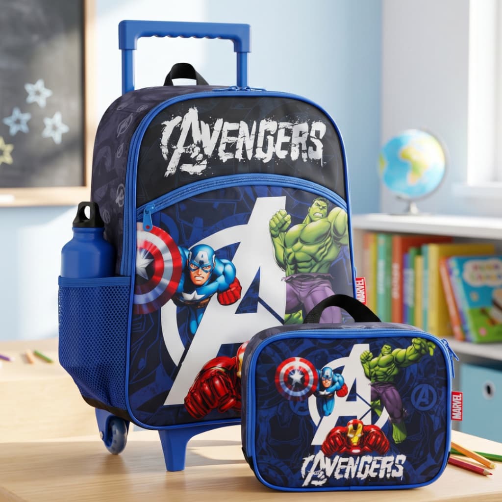Kit Mochila Escolar Os Vingadores - Avengers - Mochila de Rodinha e Lancheira Termica - Marvel - Luxcel - Original