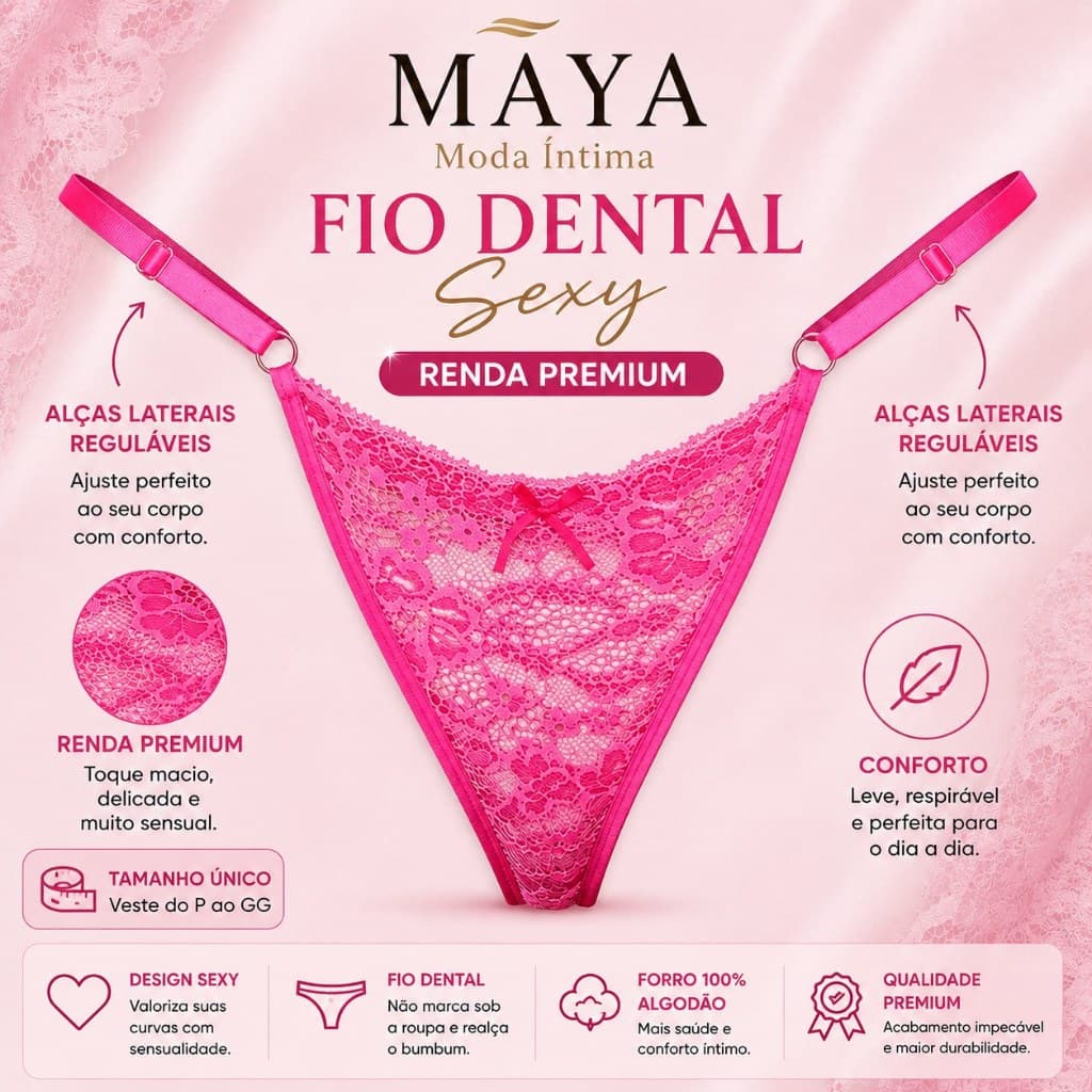 Kit com 5 ou 2 Calcinhas Fio Dental Renda com Regulagem Renda Premium