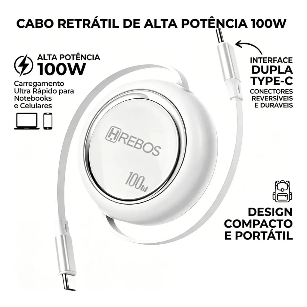 Cabo HREBOS 100W Retrátil Duplo USB-C Carregador Tipo C  Celular samsung -Branco