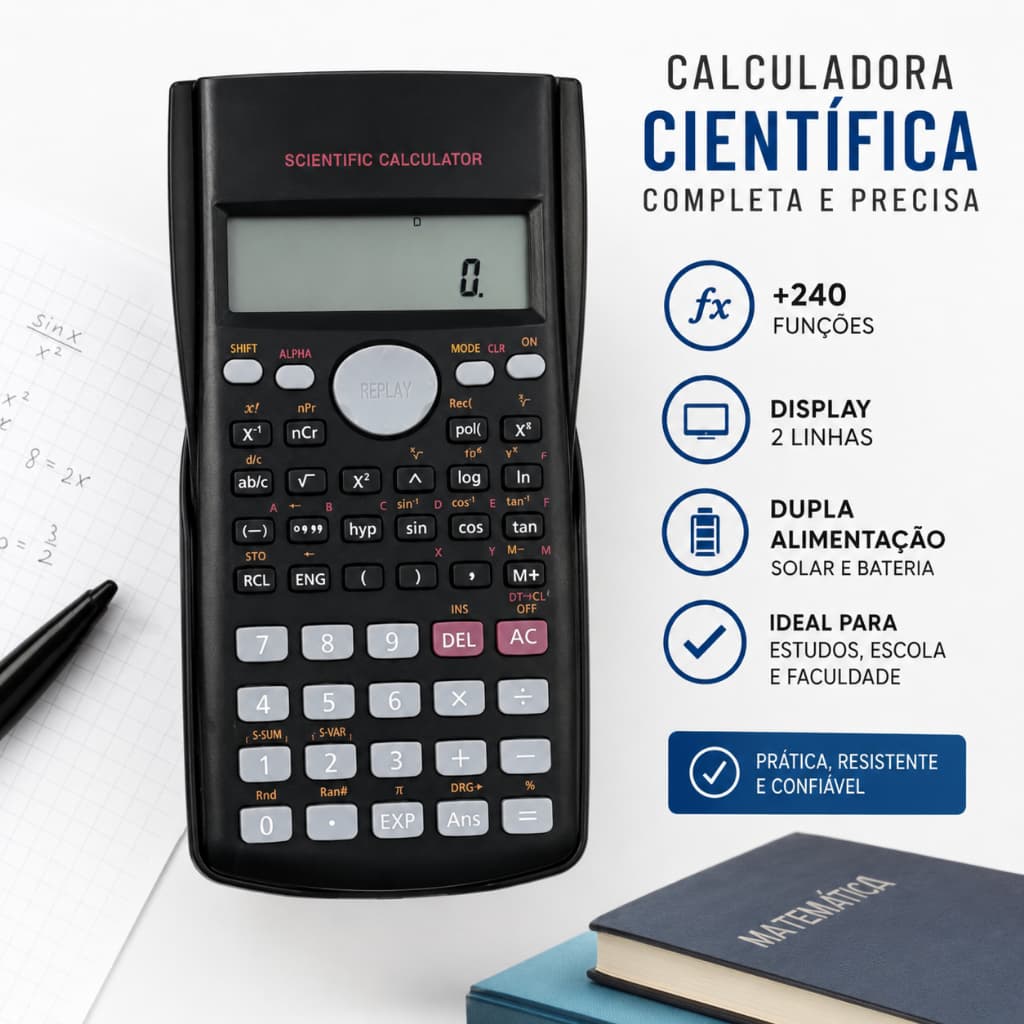 Calculadora Cientifica 240 Funções Azul Escuro C/Capa Protetora Escola Faculdade