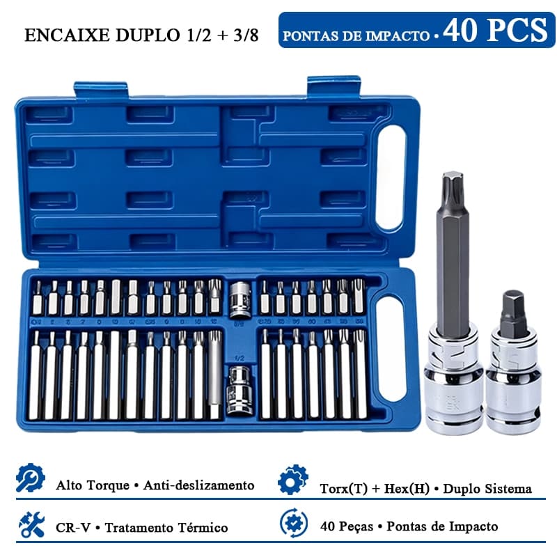 Kit Pontas de Impacto 40 Peças Aço CR-V Torx + Hex Encaixe 1/2" e 3/8" com Estojo