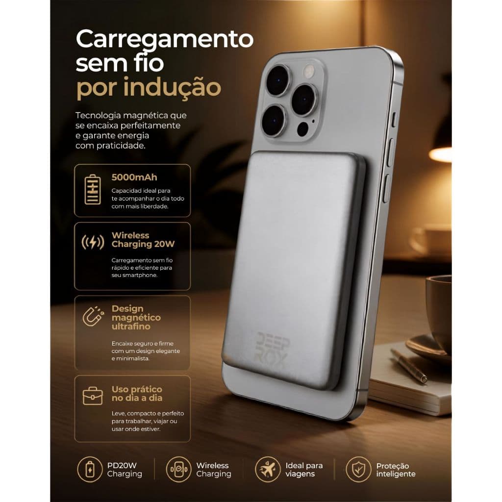 Powerbank Magnético 5000mAh Deep Rox: Carregador Portátil, Rápido, Sem Fios e Durável