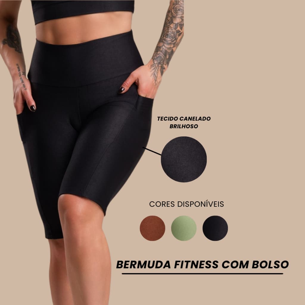 Bermuda Fitness Feminina Canelado Brilhoso Academia Ciclista Com Bolso Cintura Alta Brilho Esportiva