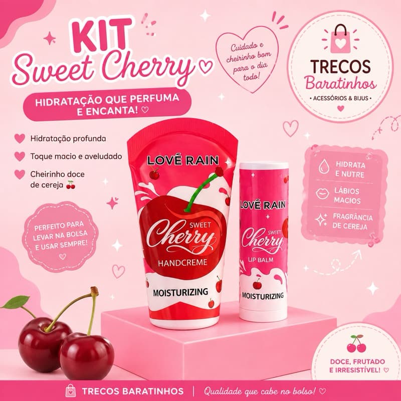 Kit Presente  Lip Balm & Creme para Mãos Hidratante com Cheirinho De Cereja