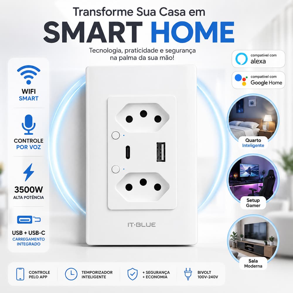 Tomada Inteligente WiFi 3500W Bivolt Alexa Google Home 2 Tomadas USB USB-C Timer Controle por Voz Automação Residencial