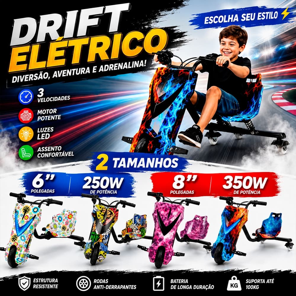 Triciclo Infantil Elétrico 8' Poleg. com Bluetooth MP3 3 Velocidades