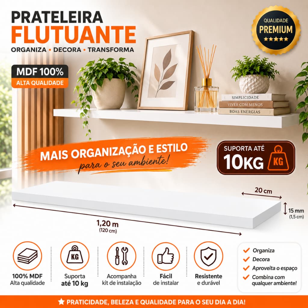 Prateleira MDF branco 120x20cm com Suporte Invisível - Design Moderno e Funcional quarto sala bebê clínica salão