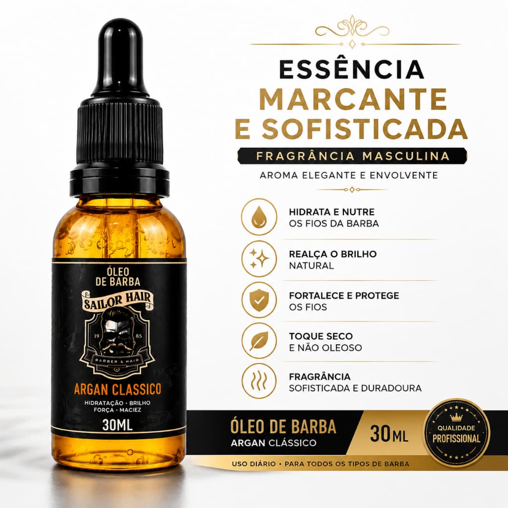 Óleo Para Barba Profissional 30ml Argan Clássico Maciez Brilho Sailor Hair