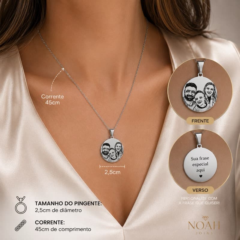 colar inox  Personalizado Noah Joias com Foto e Frase no Verso | Pingente 2,5cm com Corrente 45cm