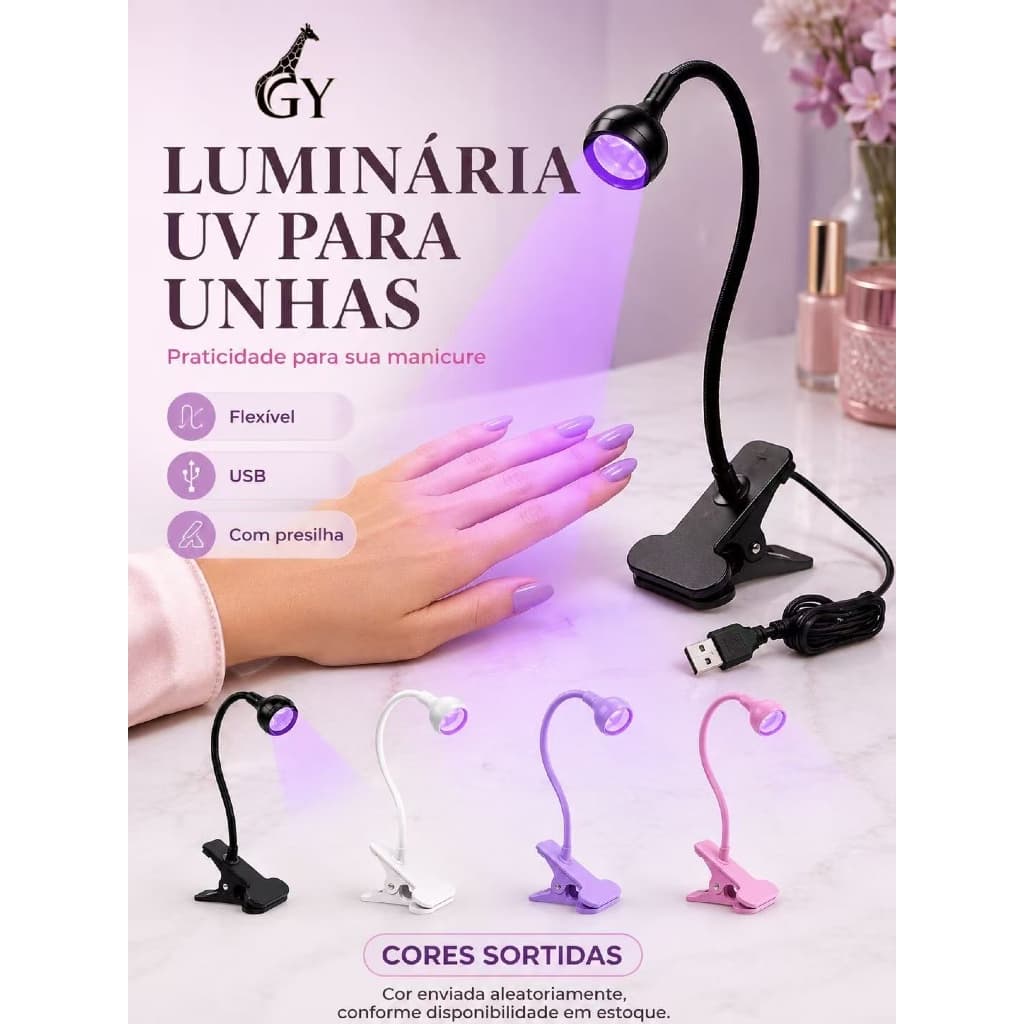 Luminária UV para Unhas com Presilha Haste Flexível Cabo USB para Esmalte em Gel Cor Sortida