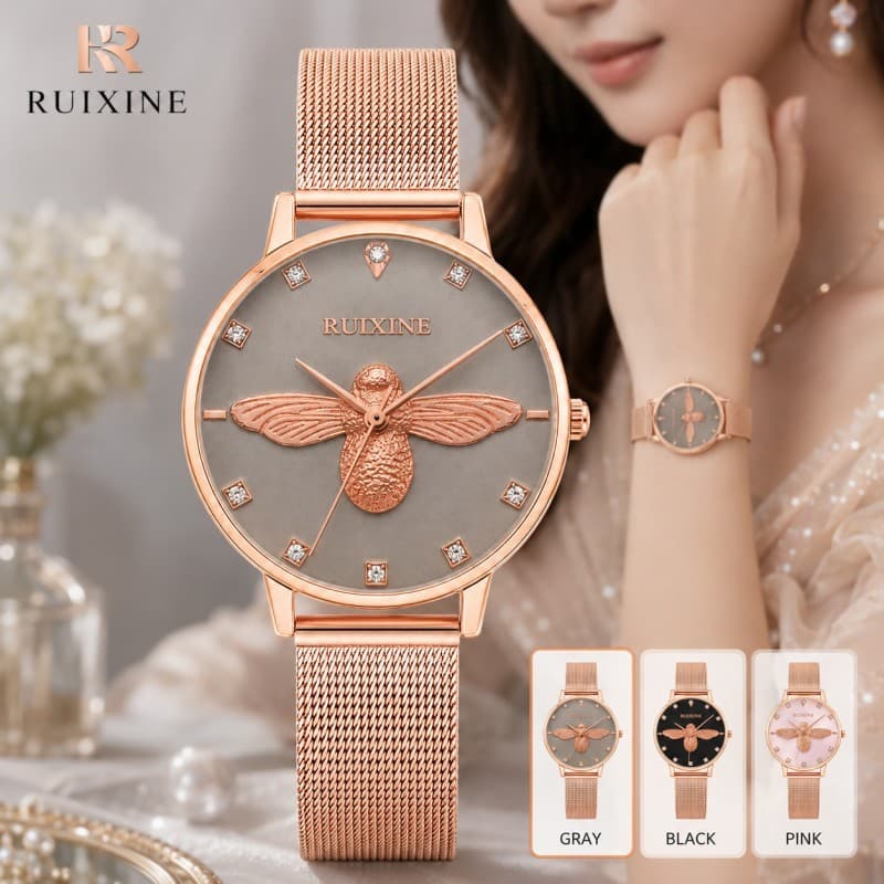 RUIXINE Relógio Feminino Cinza Luxo Abelha 3D Cristais Quartzo Pulseira Aço Inoxidável Rose Gold Elegante