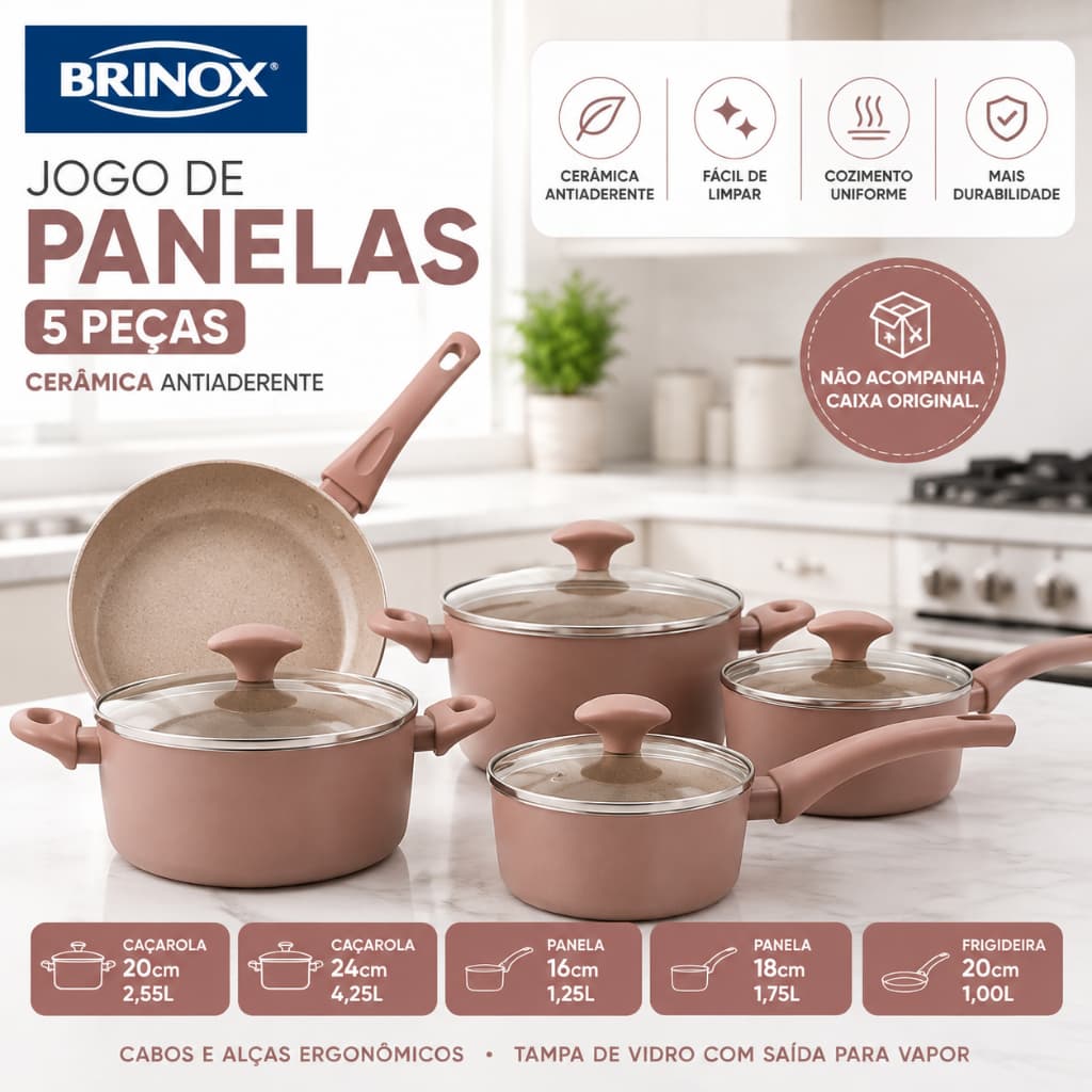 LEIA DESCRIÇÃO Jogo de Panelas Brinox Mocha Mousse 5 Peças Optima Ceramic Life