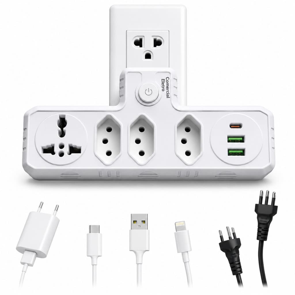 Filtro de Linha, Extensão Régua Tomada de Energia, 3 Tomadas, 2 X USB 2.1A Rapido, 1 Porta USB T