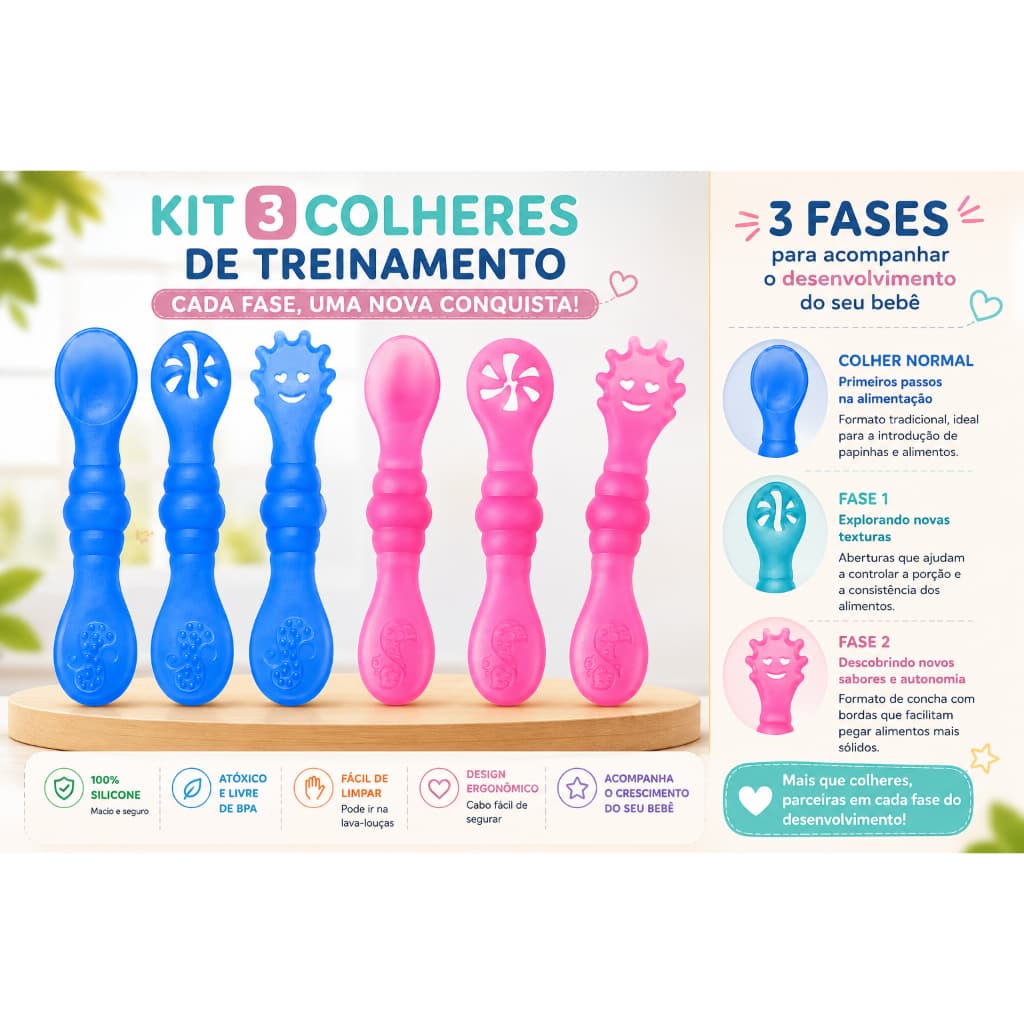 Kit 3 Colheres de Treinamento Bebê Silicone Introdução Alimentar Infantil