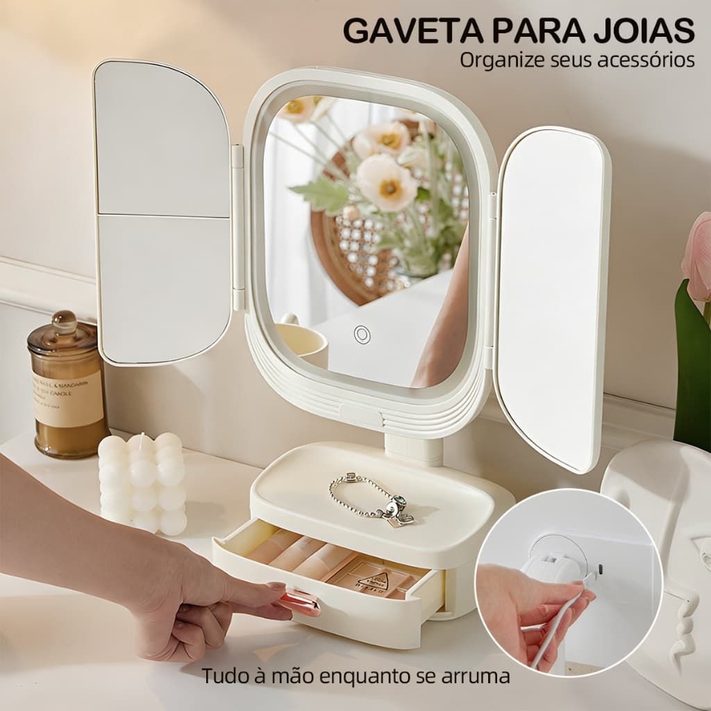 Espelho De Maquiagem LED Dobrável Portátil Com Gaveta Aumento 2X 3X Touch 3 Cores