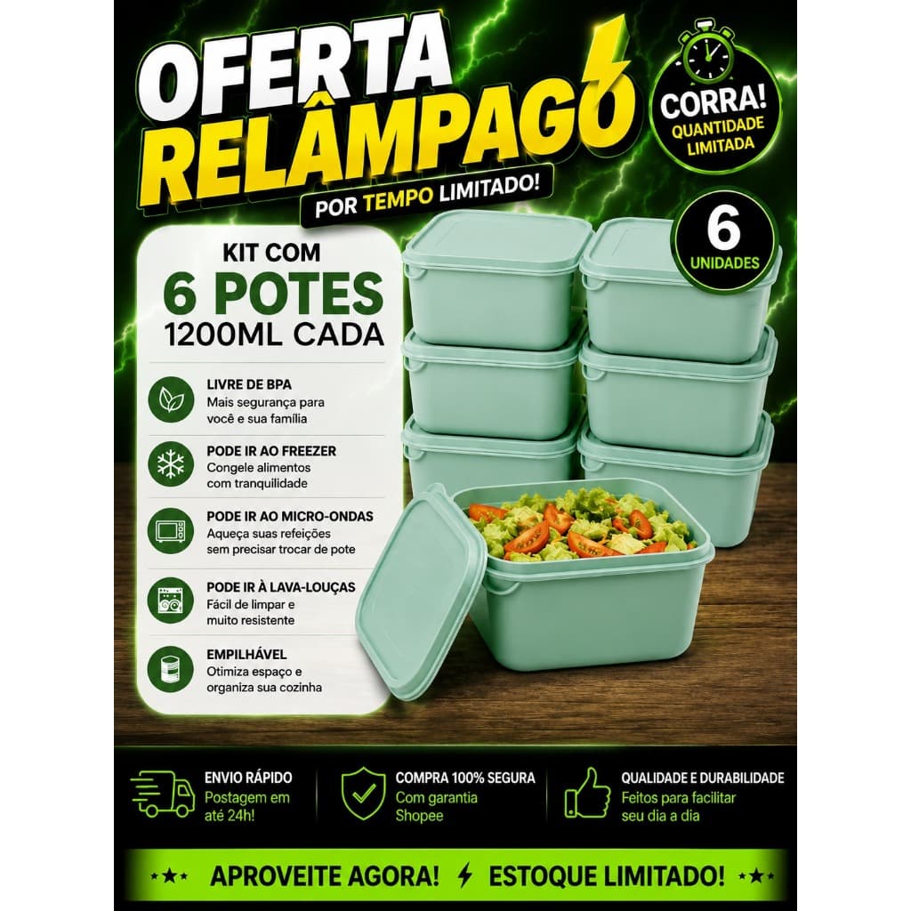 Kit 6 Potes 1,200  litros Retangular Plástico Orgazinar e Armazenar Alimentos Marmitas Fitness