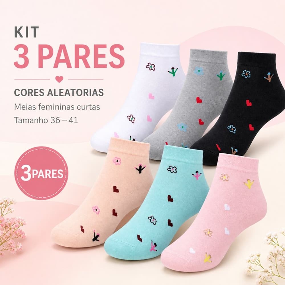 Kit 3 Pares Meias Femininas Cano Curto Estampa Flor Pequena, Meias Casuais Tamanho 36-41, Cores Aleatórias