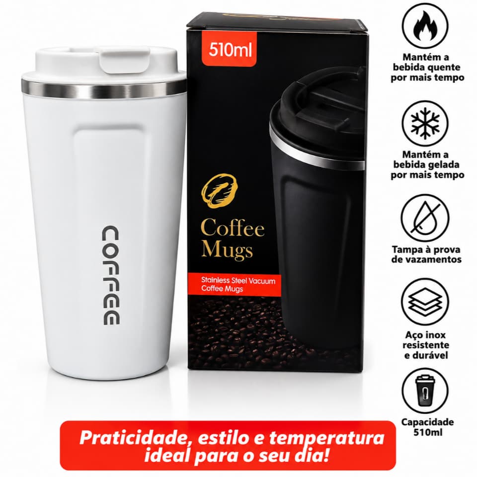 Copo Térmico para Café 510ml Personalizável Inox com Tampa Antivazamento Parede Dupla Quente Gelado Viagem Escritório