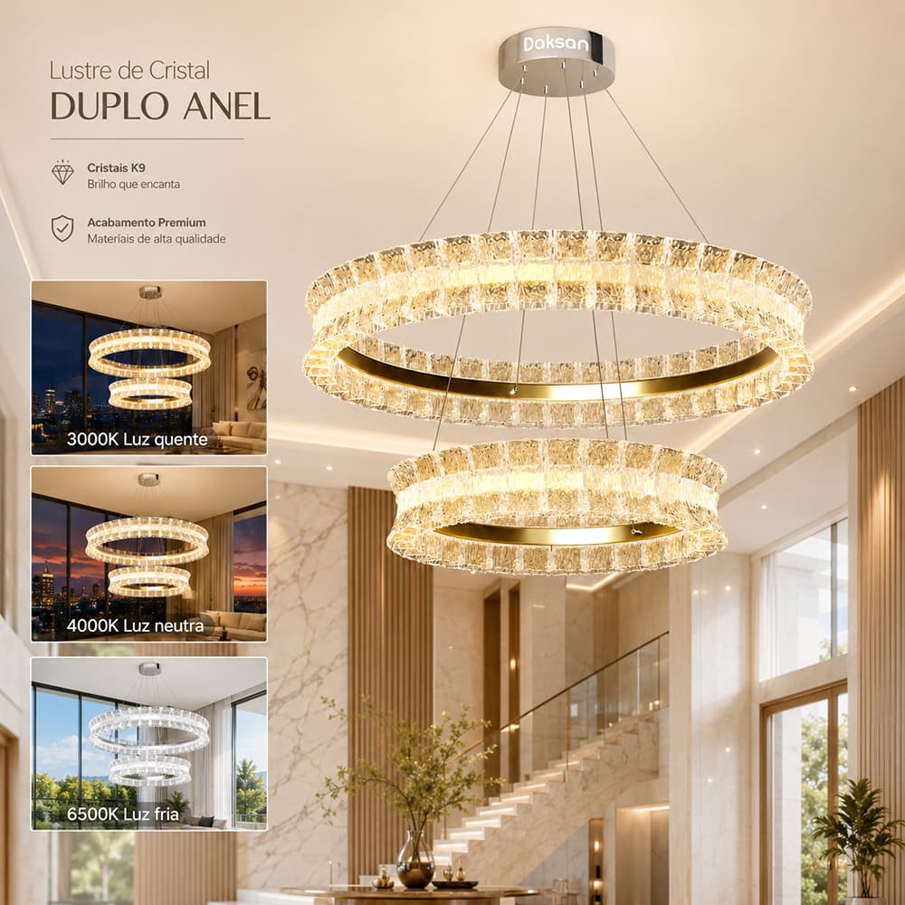 Lustre Pendente Daksan Duplo Anel Cristal K9 LED 250W Bivolt 3 Cores Dimerizável 60/40cm