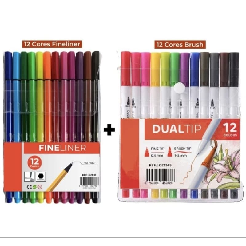 Kit Canetas Coloridas 12 cores Fineliner e Dual Brush.