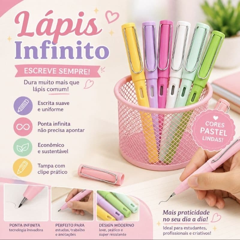 Kit com 6 Lápis Infinito em tons pastéis