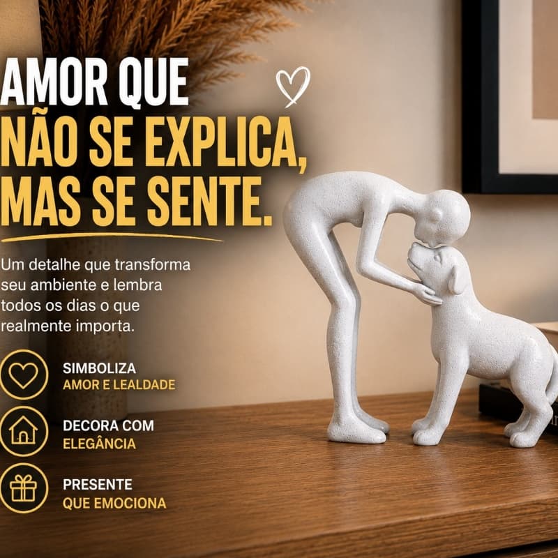 Escultura Homem com Cachorro Pet – Estátua Decorativa Minimalista para Sala, Estante e Presente