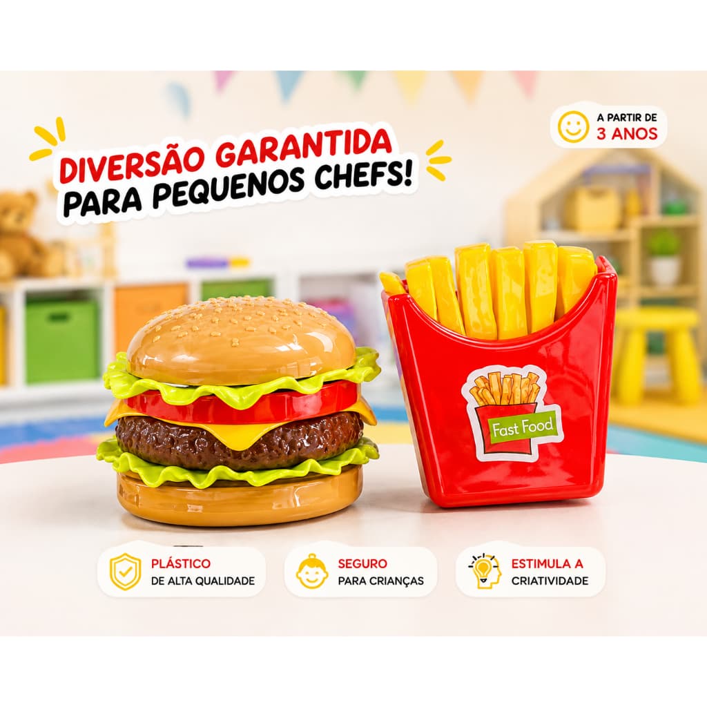 Kit Comidinha Infantil Brinquedo Hambúrguer Batata Fritas Cozinha Lúdica Criativa Recreação