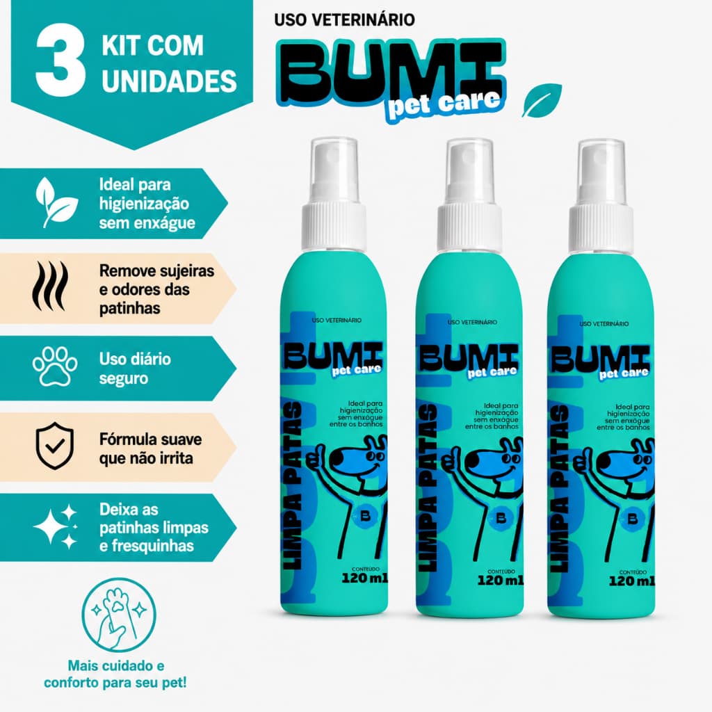 3 Limpa Patas Bumi Pet Higienizador Cães Gatos 120ml