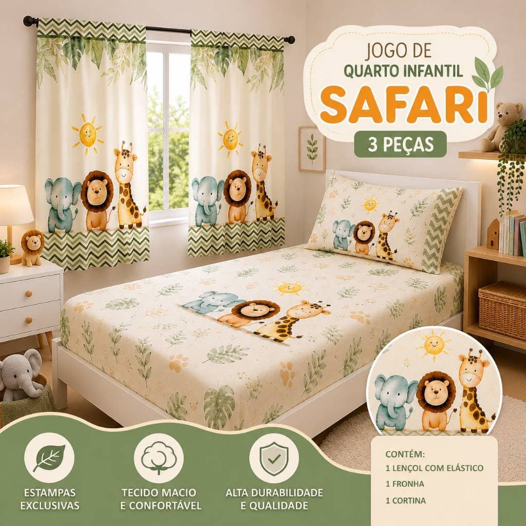 Kit Jogo de Quarto Infantil Cortina + Jogo Lençol Micropercal 3 pçs Safari