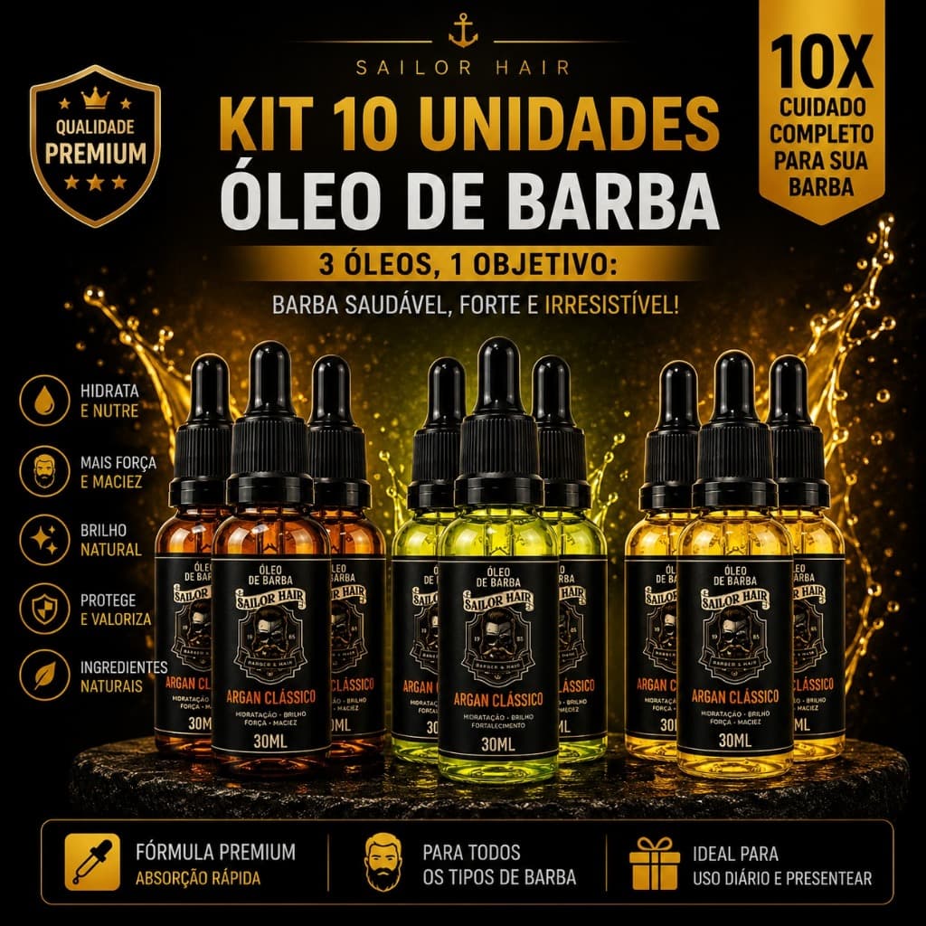 KIT 10 ÓLEOS DE BARBA • HIDRATAÇÃO • BRILHO • BARBA MACIA • USO PROFISSIONAL • REVENDA • ATACADO