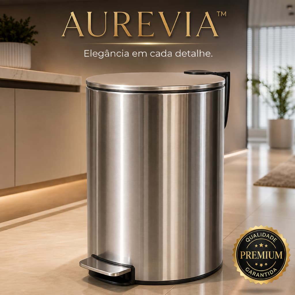 Lixeira Inox 12L com Pedal Aurevia™ Slim Redonda para Cozinha Banheiro Lavabo Escritório