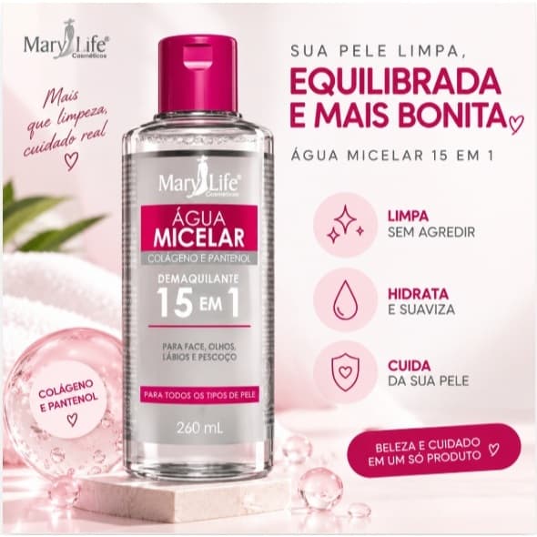 💧ÁGUA MICELAR MARY LIFE 260 ML  15 em 1 - DEMAQUILANTE, LIMPEZA FACIAL, COLÁGENO E PANTENOL - KIT COM 2 UNIDADES 💧