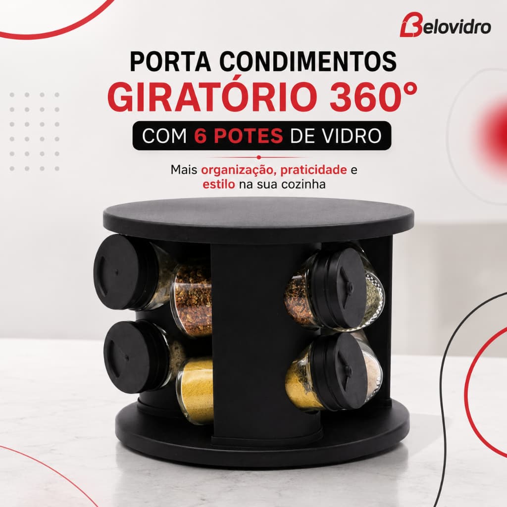 Porta Condimentos Giratório 360° com 6 Potes de Vidro – Organizador de Temperos Cozinha Preto