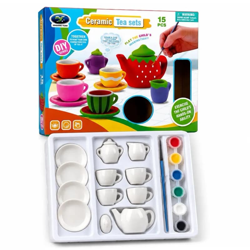 Kit Jogo de Chá Infantil Cerâmica Para Pintar 15 Peças Com Tinta Guache +4 Anos