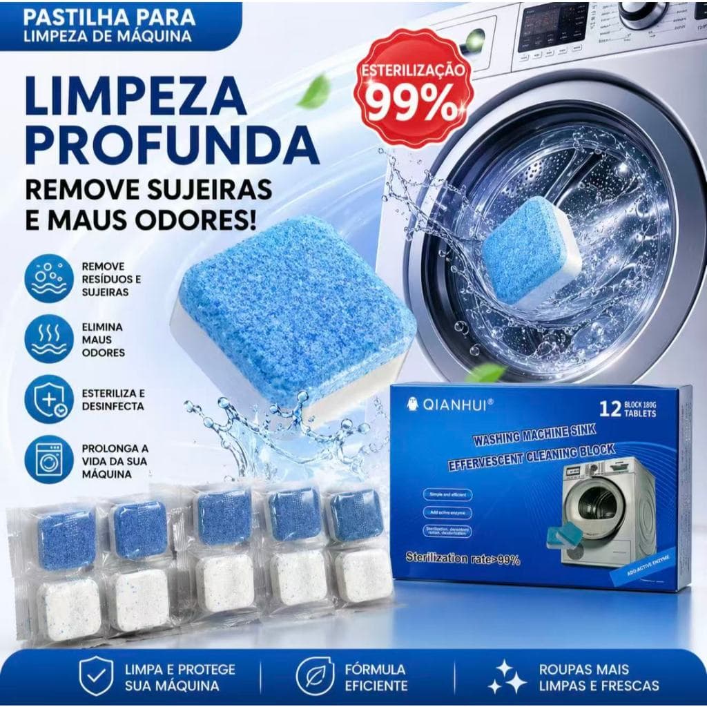 Pastilha Limpa Máquina de Lavar Roupa 12 Unidades Efervescente Limpeza Profunda Tambor