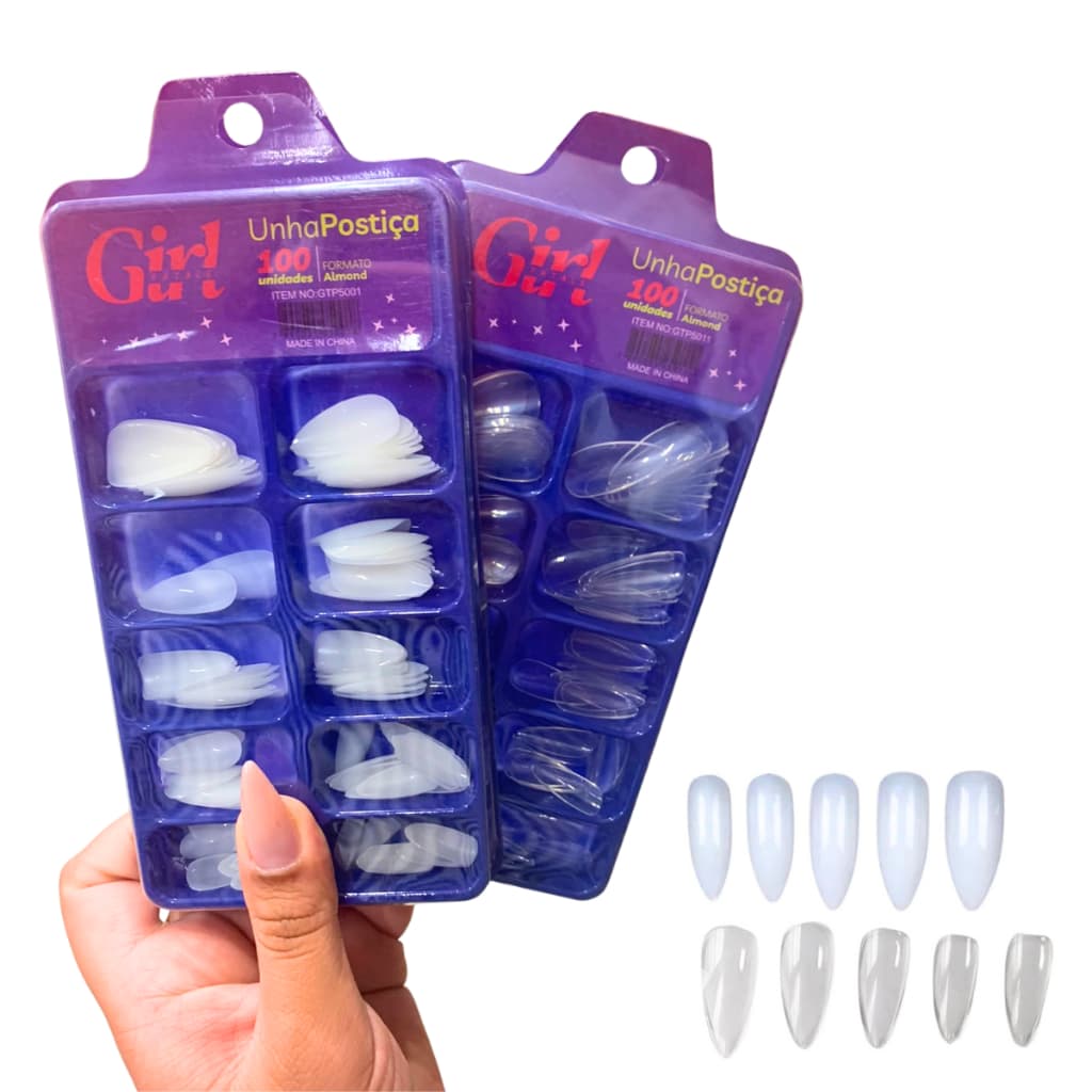 Kit 100 Unhas Postiça Almond Amendoada Realista Transparente Leitosa