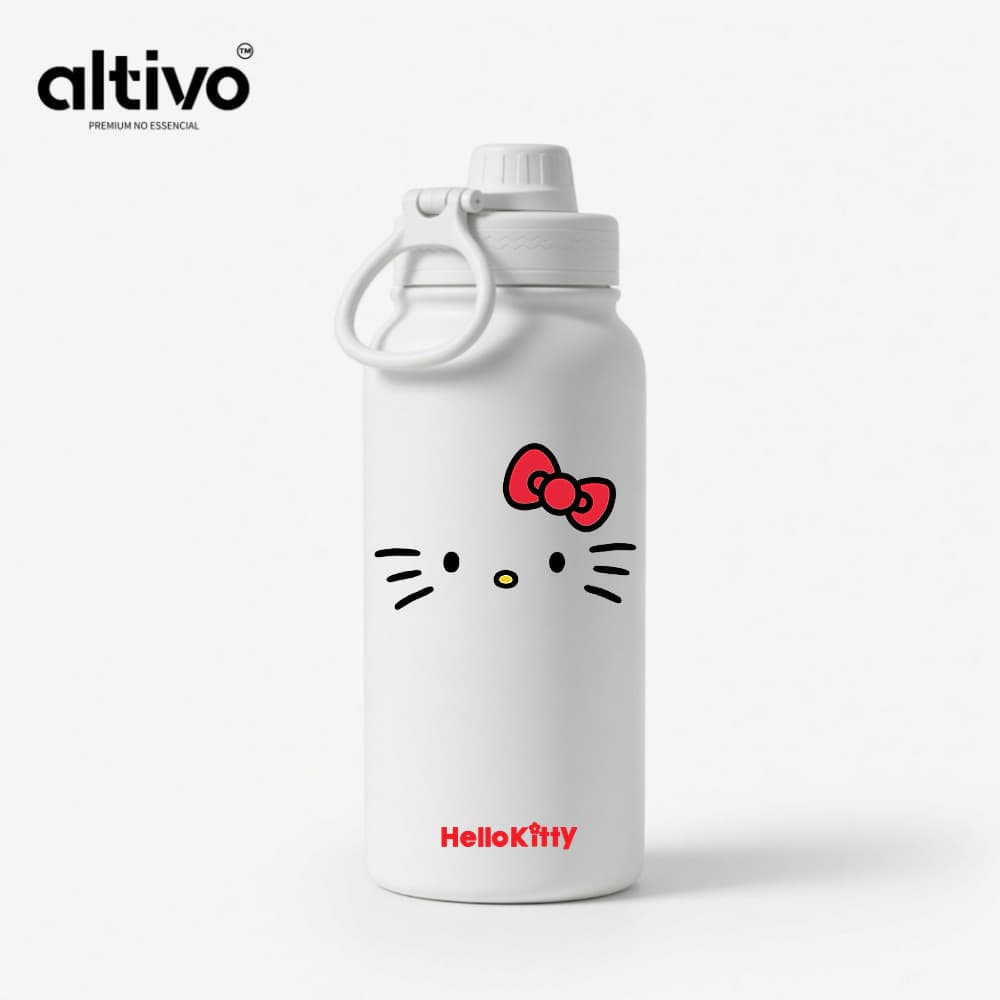 Garrafa Térmica Hello Kitty Emoji Sanrio 600ML com Tampa Rosqueável e Alça em Aço Inoxidável
