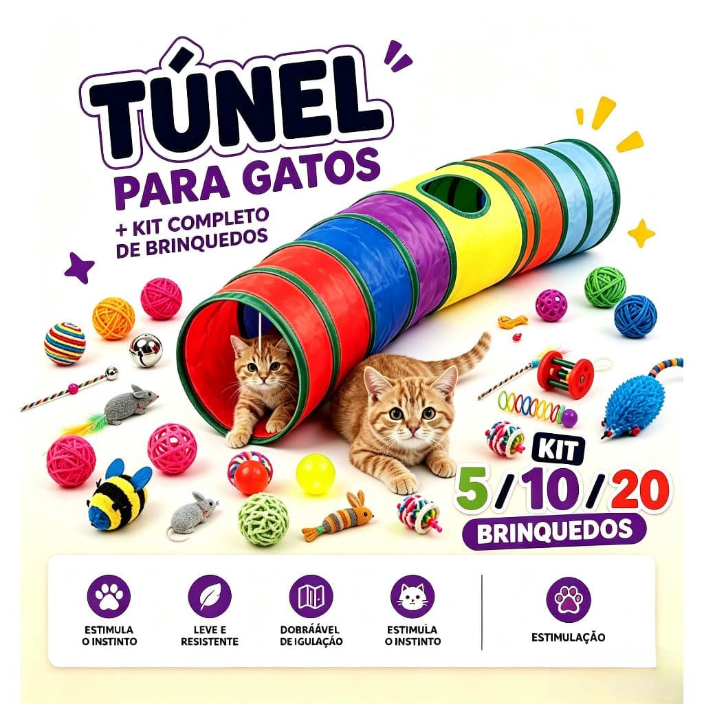 KIT Túnel Para Gatos com 5/10/20 Brinquedos Interativos Colorido Dobrável Pet HL PET