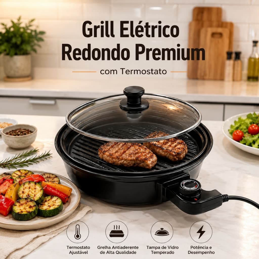 Grill Elétrico Redondo Com Tampa Termostato 127V 220V Churrasqueira Apartamento Grelha Cozinha Moderno