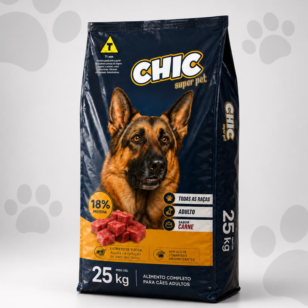 Ração Cachorro Adulto 25kg Todas as Raças Chic Super Pet Sabor Carne 18% Proteína Sem Corantes