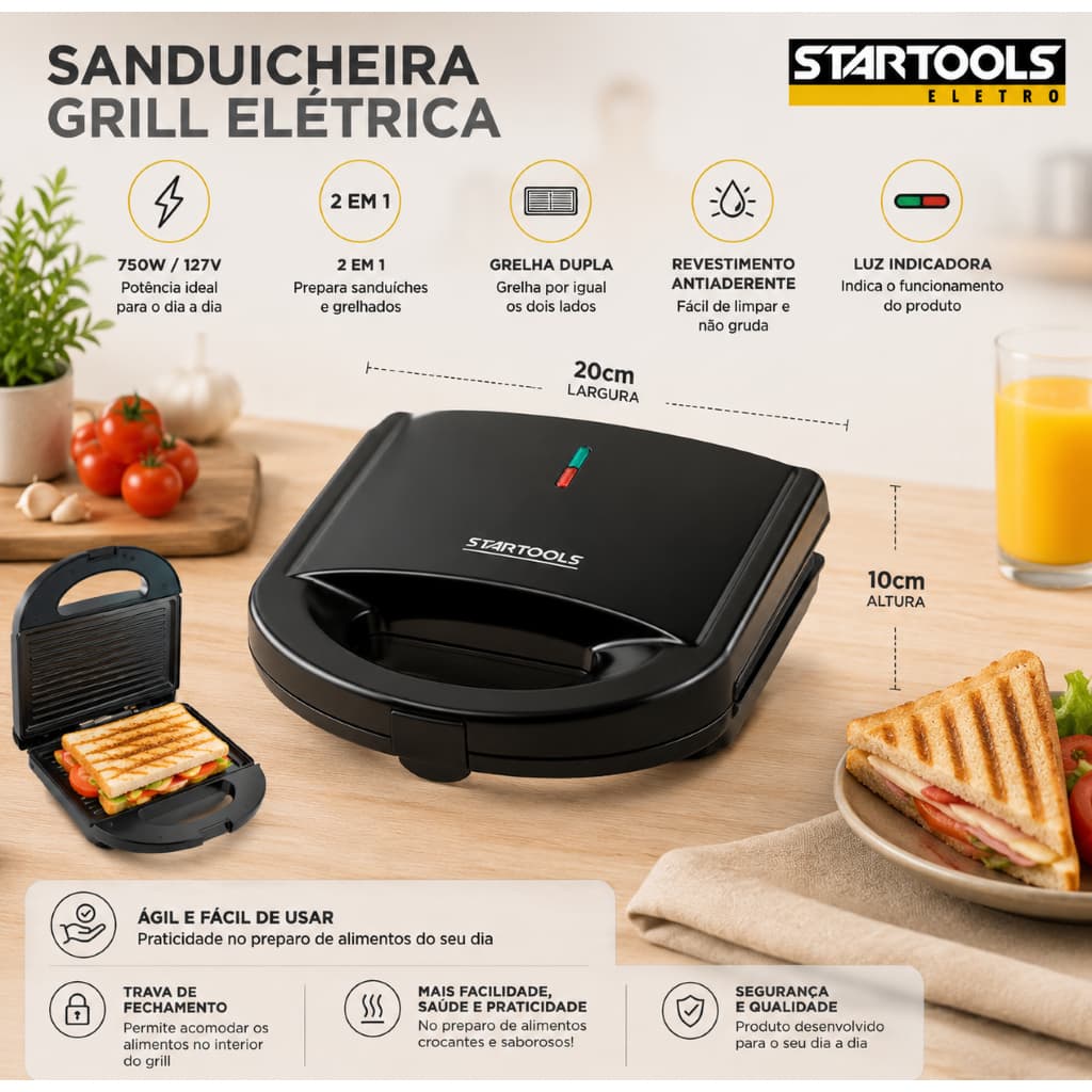 Sanduicheira Grill Elétrica 2 em 1, Grelha Dupla, 127V Com Indica Funcionamento