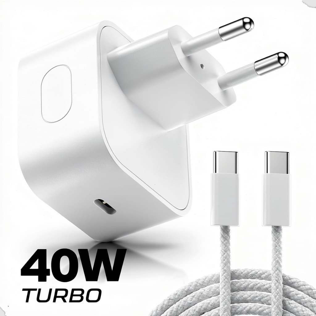 Carregador Celular Turbo 40W Tipo C + Cabo USB-C Carga Rápida Android e Iphone Celular