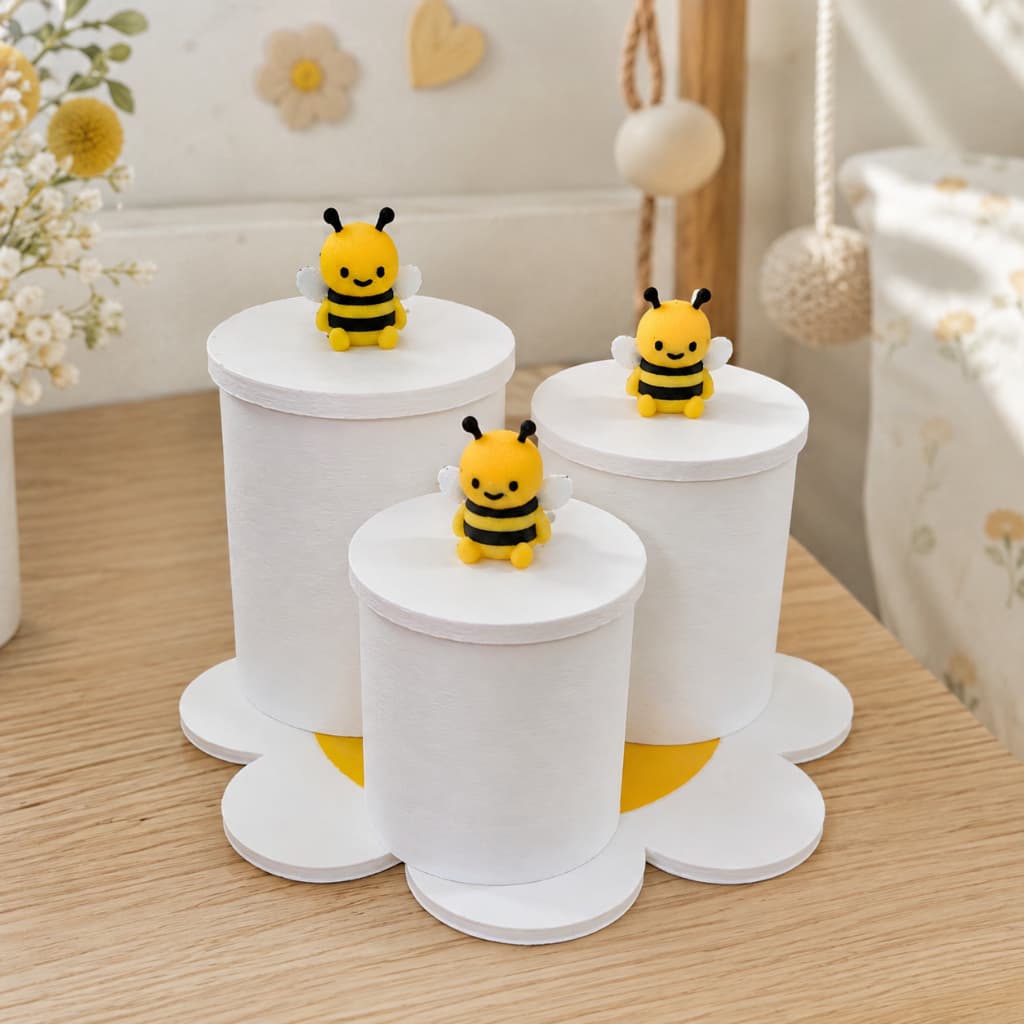 Kit Higiene Bebê Abelhinha 4 Peças Trio Potes Organizadores Bandeja Flor Margarida Quarto Menino Menina Enxoval Luxo