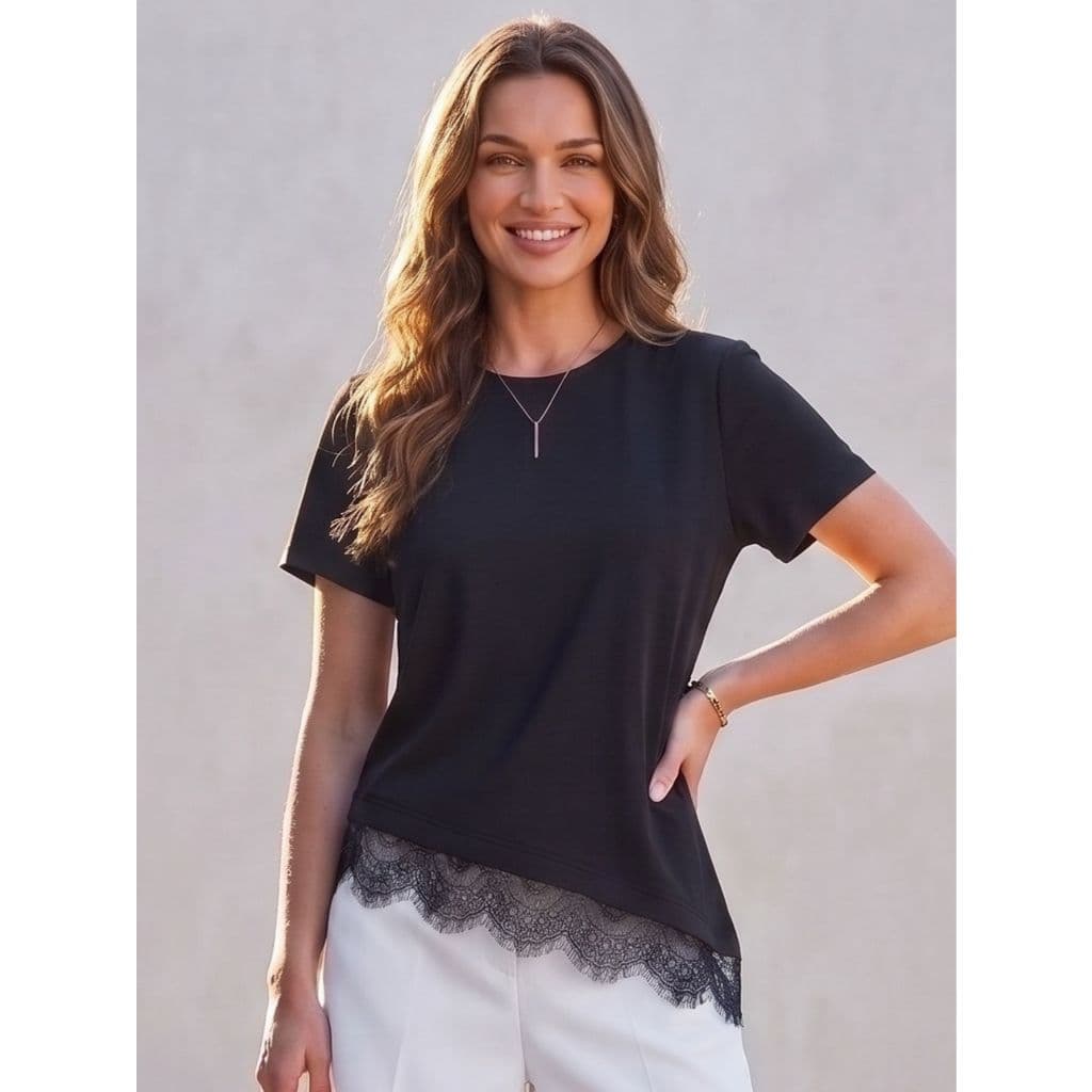 Blusa Feminina Oversized T-Shirt com Renda Barra Assimétrica 100% Algodão Casual Básica Confortável