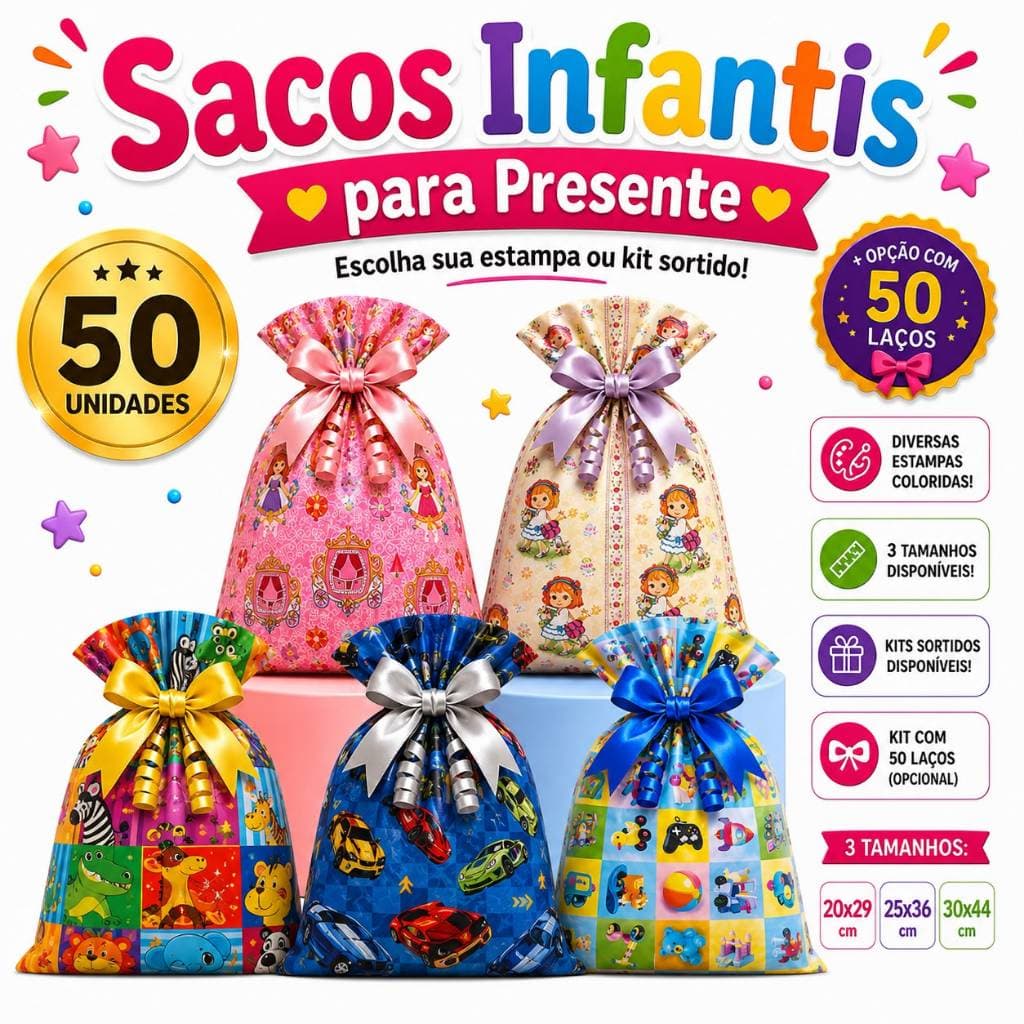 Saco Infantil Presente Kit 50 Unidades Temas Princesa Brinquedos Carrinhos Carros Animais Festa