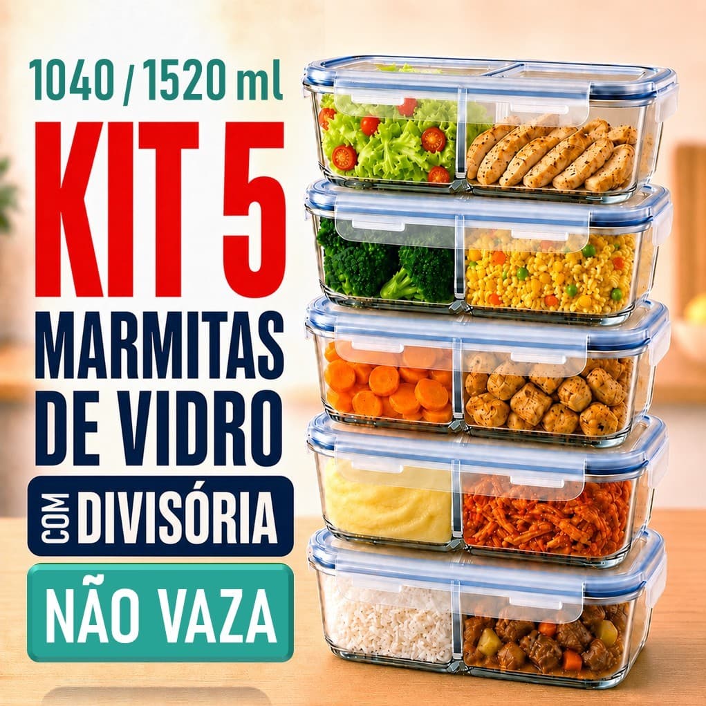 5 Marmitas de Vidro Premium 1520ml ou 1040ml Grande c/ Divisória Hermética Não Vaza Microondas Forno