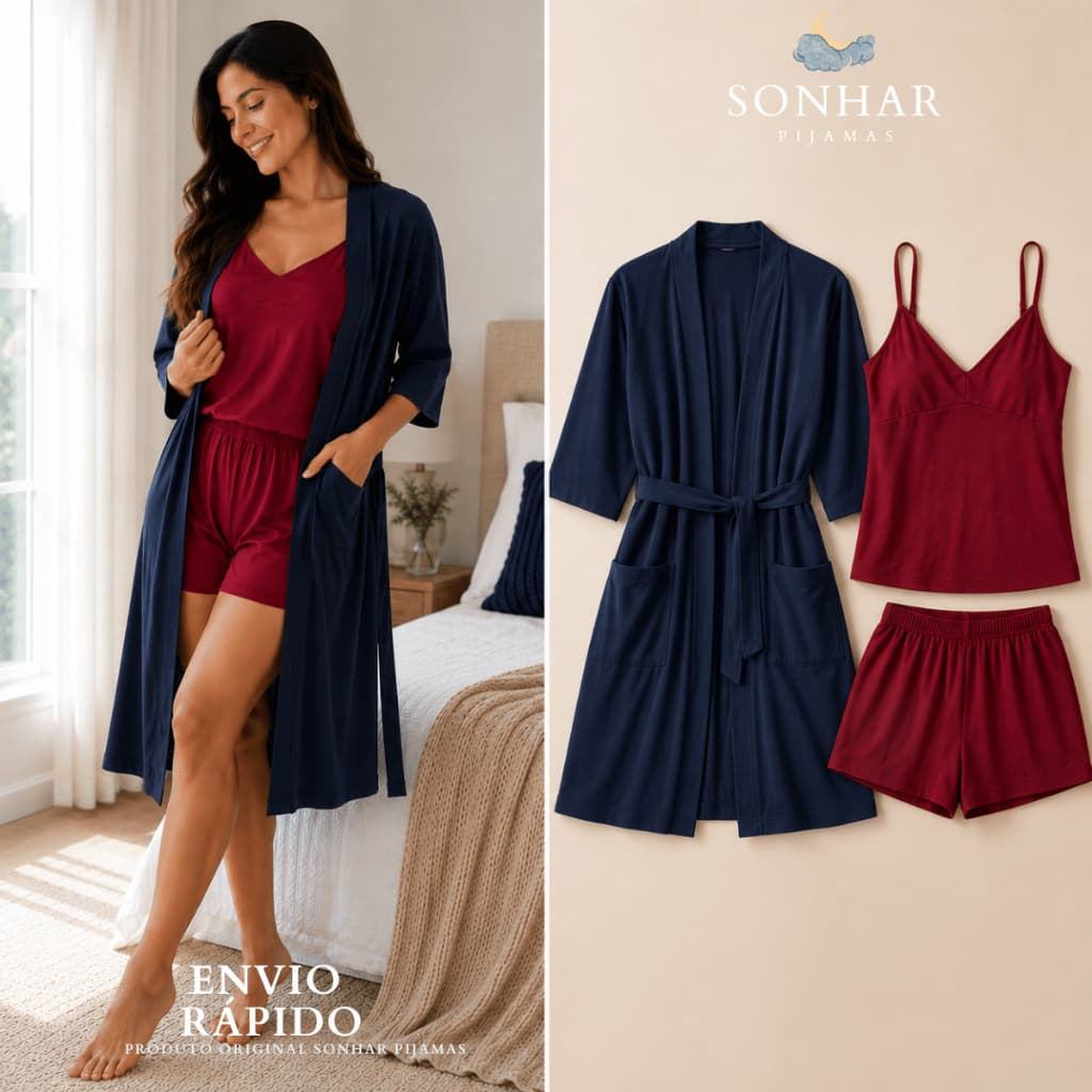 Kit 3 peças - Hobbie Robie + Pijama Feminino Levinho soltinho tecido macio Cores lisas