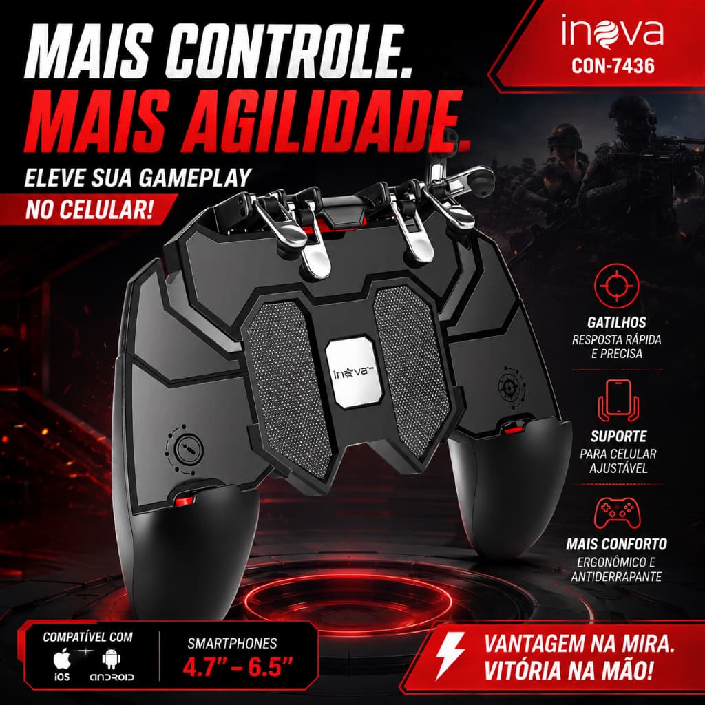 Controle Gamer para Celular com Gatilhos Suporte Ajustável Joystick Mobile INOVA CON-7436