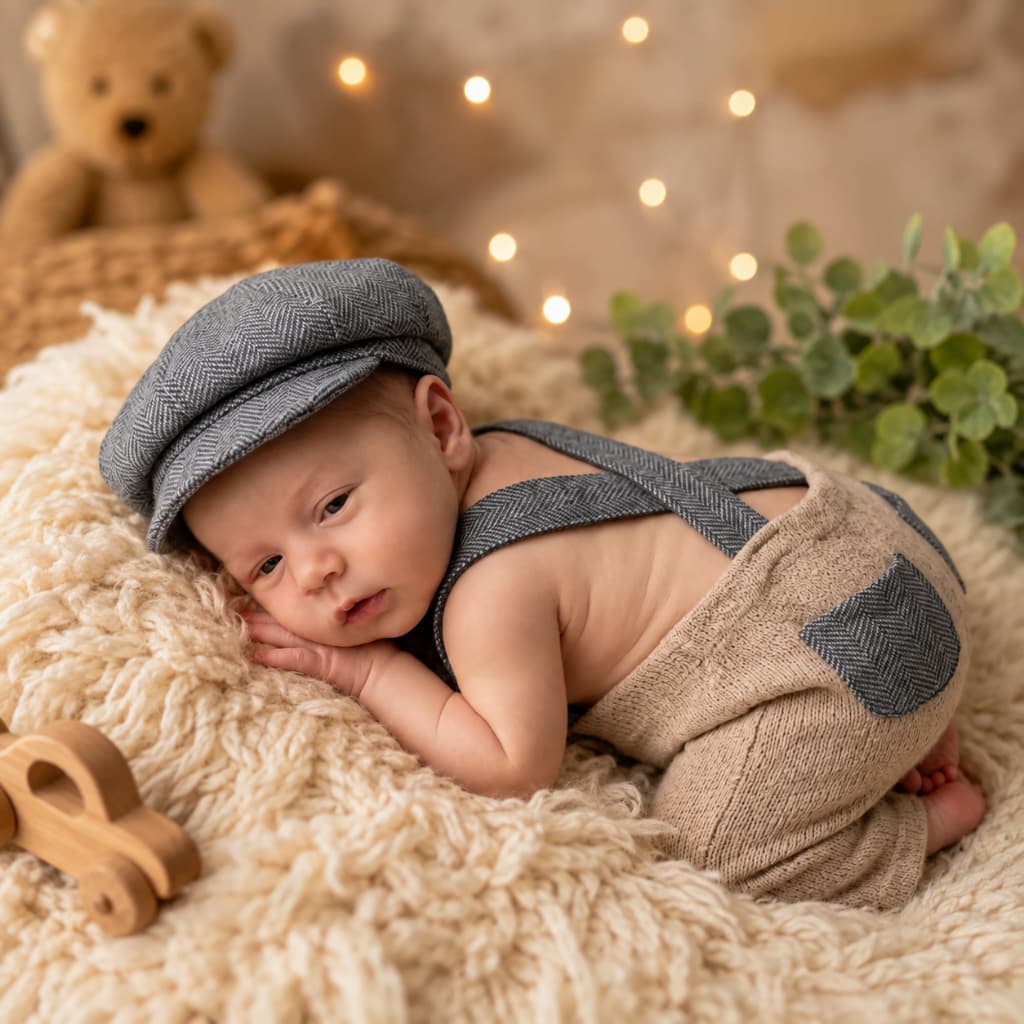 Roupa Ensaio Fotográfico Newborn Recém-Nascido Bebê Menino 0 a 3 Meses Conjunto Suspensório Chapéu Macacão